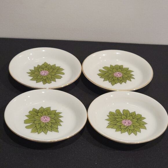 Floral Mini Plates Creative Japan Trinket Holder Gold Rim Set‎ of 4 Green White - Picture 5 of 9
